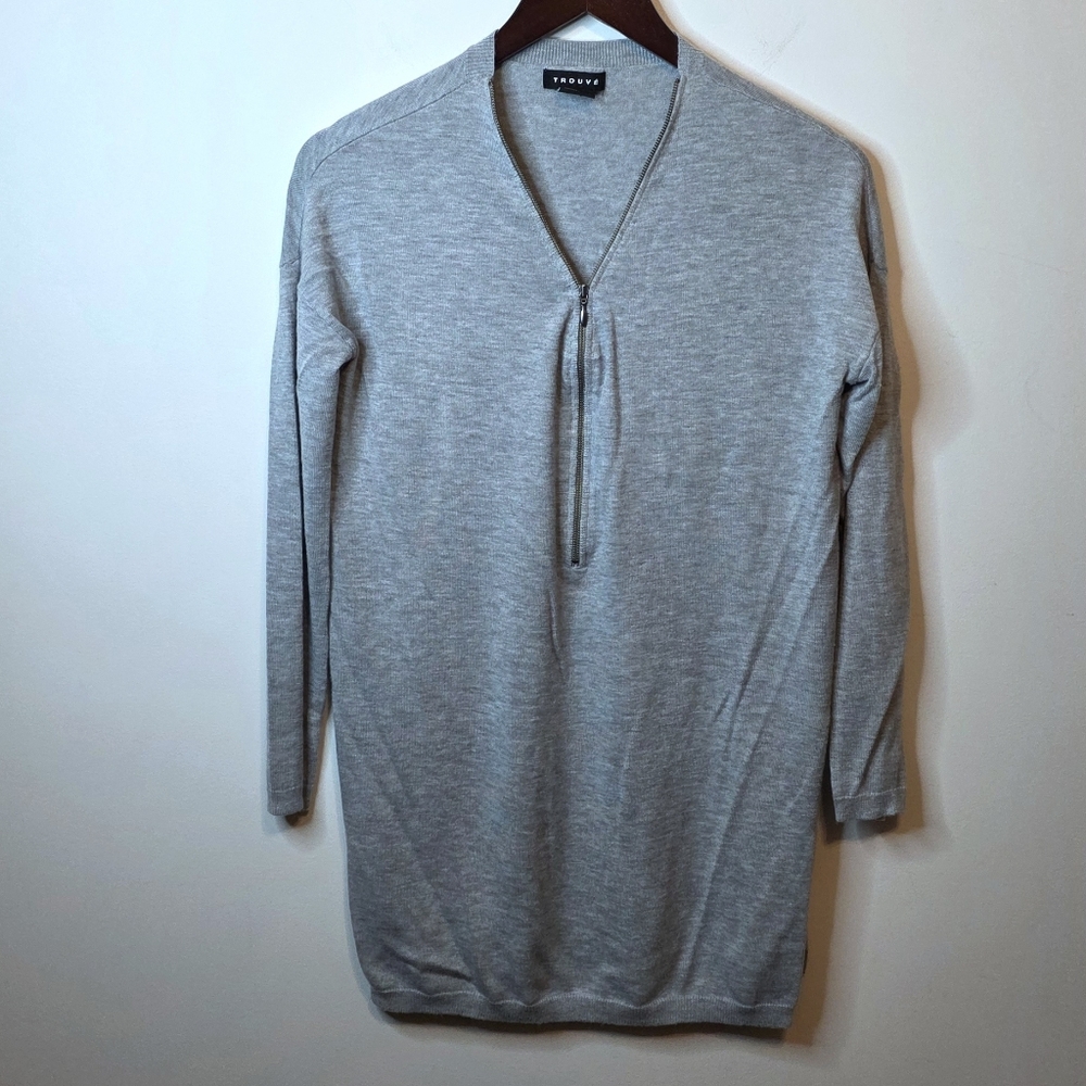 Trouve Nordstrom Gray Cashmere Blend Tunic Sweater Front Zip Side Slits Size XS